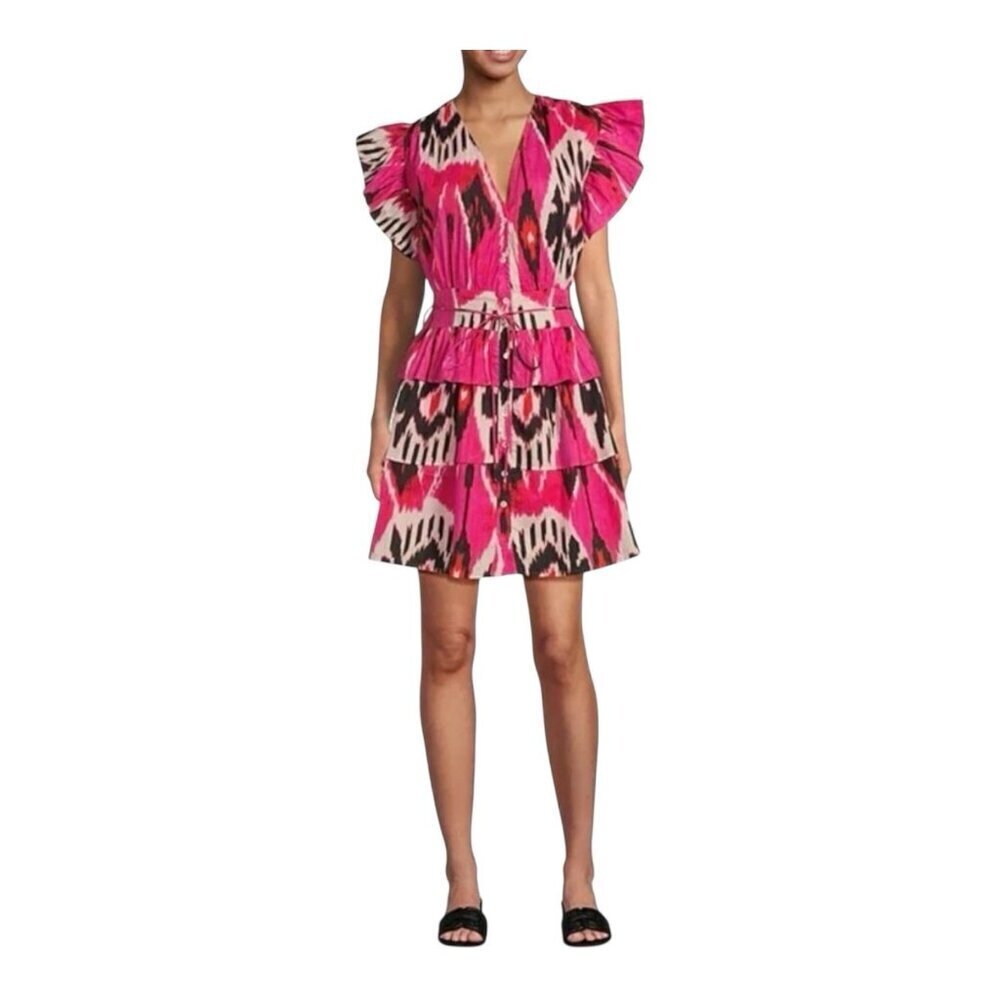 Ro's Garden Hunan Boyfriend Tiered Mini Dress Large Printed Cap Sleeve Pink NWT